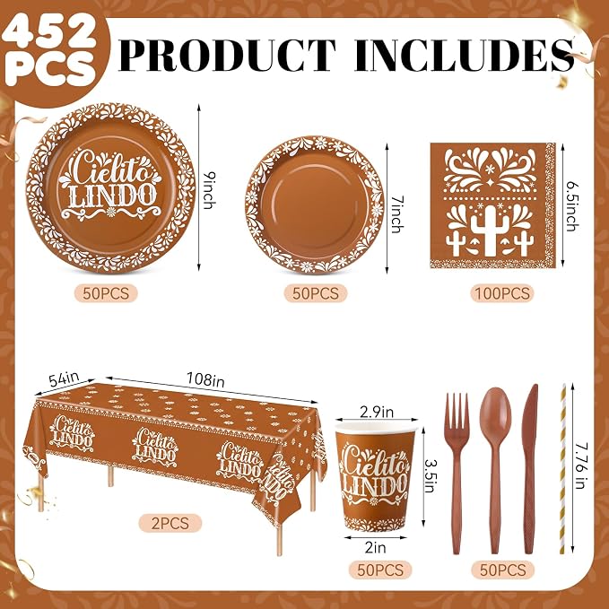 LemonRoad 452 Pcs Cielito Lindo Party Decoration for 50, Terracotta Cielito Lindo Paper Plates Napkins Cup Tablecloth Cutlery Straw Cinco De Mayo Mexican Tableware Set for Fiesta Baby Shower Supply