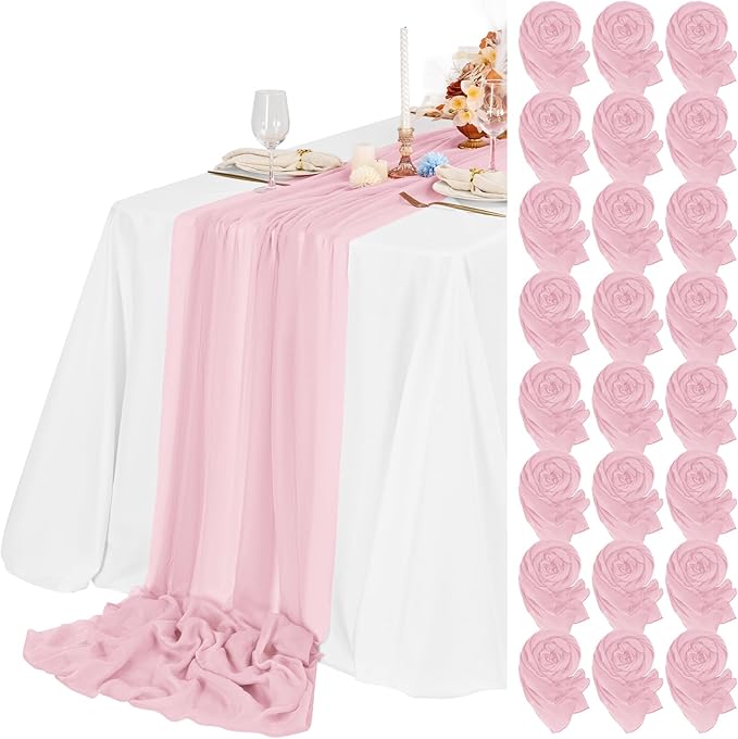 Teruntrue 24 Packs Light Pink Cheesecloth Table Runner,10ft Rustic Gauze Boho Wedding Table Runner Decoration, Wedding Table Decor Sheer Table Runner for Wedding Party Bridal Shower Table