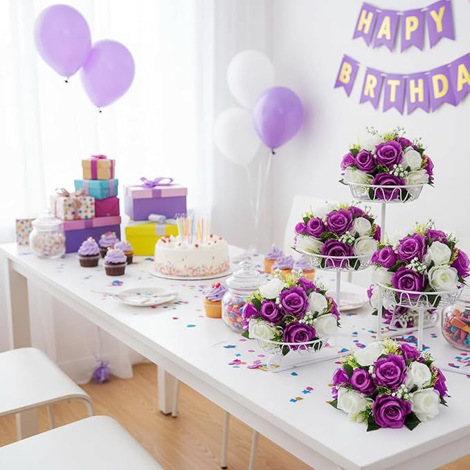 Artificial Flower Centerpieces for Tables: 6pcs of Rose Flower Balls, Flower Kissing Balls, Fake 15-head Plastic Flower Roses with Base for Birthday Party Christmas Home Wedding Decor (Purple White)