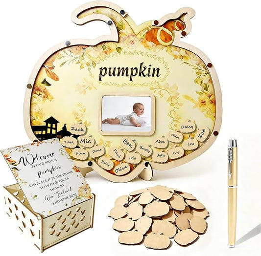 Pumpkin Baby Shower Guest Book Set Western Cowboy Baby Shower Decorations with Photo Frame Sonogram Keepsake Wooden Guestbook Alternatives with Pumpkin Wooden Slices for Birthday Reception