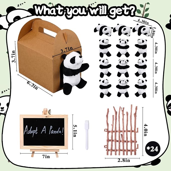 Adopt A Panda Party Favors Mini Plush Stuffed Animals Set with 12 Plush Panda Mini Fence Blackboard Kraft Paper Box for Adopt An Animal Themed Birthday Party