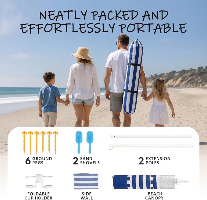 Sekey Beach Cabana - 8x8 FT Easy Setup Beach Shade Canopy UPF 50+ Sun Shelter with Sandbag & Side Wall, Large Portable Outdoor Tent for Family, Navy Stripe