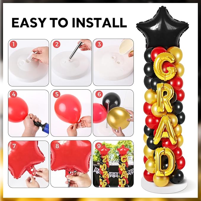 2 Sets Graduation Balloon Column Stand Kit with Balloons Prom Send off 2026 Grad Prom Themed Decor Black Red Balloon Tower Stand for Floor Grad School & College Celebration Party Supplies