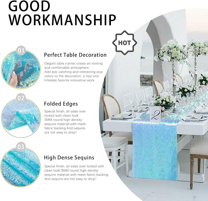 10 Packs 12 x 72 inches Mermaid Blue Sequin Table Runner, Glitter Runner for Birthday Party Supplies Wedding Holiday Celebration Baby Shower Engagement Anniversary Decor