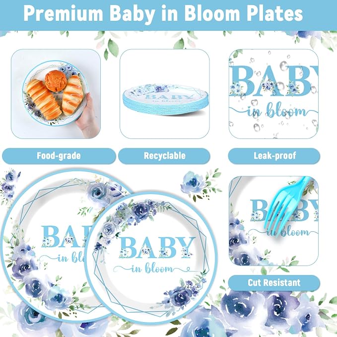 50 Guests Baby In Bloom Baby Shower Decoration Blue Flower Paper Plates Napkins Forks Spring Floral Theme Party Tableware Disposable Party Supplies Favor Plates For Boy Girl Birthday 200PCS
