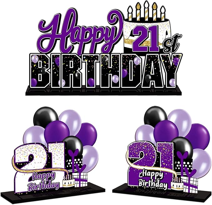 LINGTEER Happy 21st Birthday Purple Acrylic Table Topper Centerpieces Set - Cheers to 21 Years Old Birthday 21st Bday Party Gift Decorations.