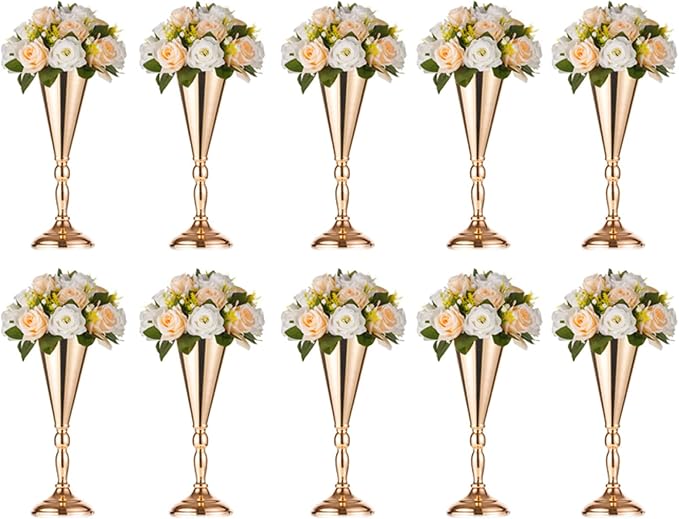 NUPTIO Tabletop Metal Wedding Flower Trumpet Vase Table Decorative Centerpiece Artificial Flower Arrangements for Anniversary Ceremony Party Birthday Event Aisle Home Decoration (10 x M, Gold)