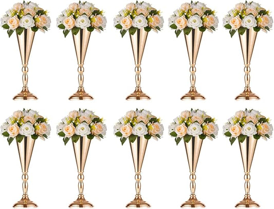 NUPTIO Tabletop Metal Wedding Flower Trumpet Vase Table Decorative Centerpiece Artificial Flower Arrangements for Anniversary Ceremony Party Birthday Event Aisle Home Decoration (10 x M, Gold)