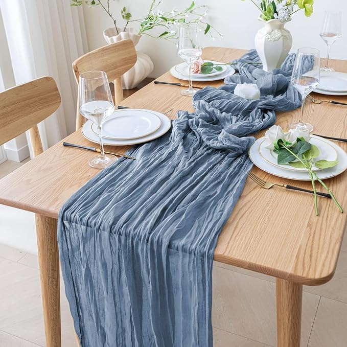 6PCS Table Runner Cheesecloth 10FT Dusty Blue Boho Gauze Cheese Cloth Rustic Sheer Table Runners for Wedding Bridal Baby Shower Party Decoration