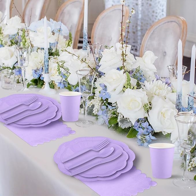 350 Pcs Light Purple Party Supplies Include Scalloped Lavender Plates Mothers Day Napkins Cups Forks Knives Serve 50 Guest Disposable Party Tableware Set for Wedding Baby Shower Birthday Party