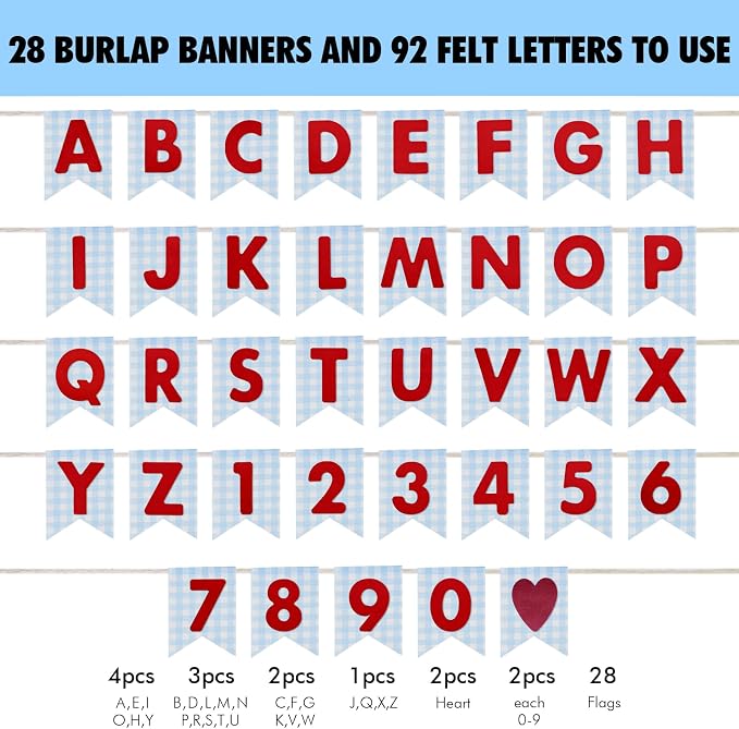 Custom Banner Kit - DIY Burlap Banner with 92 Felt Letters - Personalized for Birthday, Wedding & Party Decorations (blue gingham+red letter)