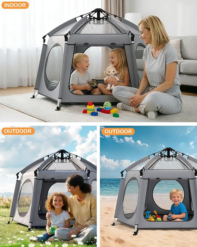 Pop Up Baby Play Pen with Auto-Lock & Aluminum Frame | Instant Setup Portable & Foldable Playpen with Carry Bag, Outdoor Baby Tent with Canopy for Beach, Backyard, Travel & Camping