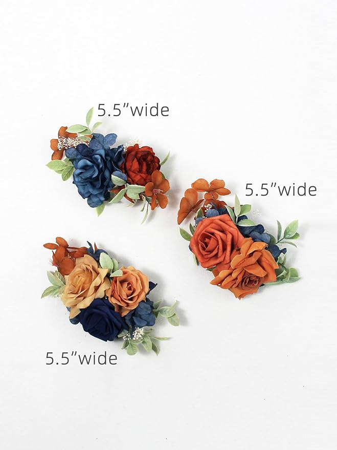 Rinlong 3Pcs Pre-made Artificial Cake Flowers Navy Blue Terracotta Cake Decorations Boho Fall Wedding Cake Decorating Flowers Decor Birthday Baptism Party Burnt Orange Cake Toppers