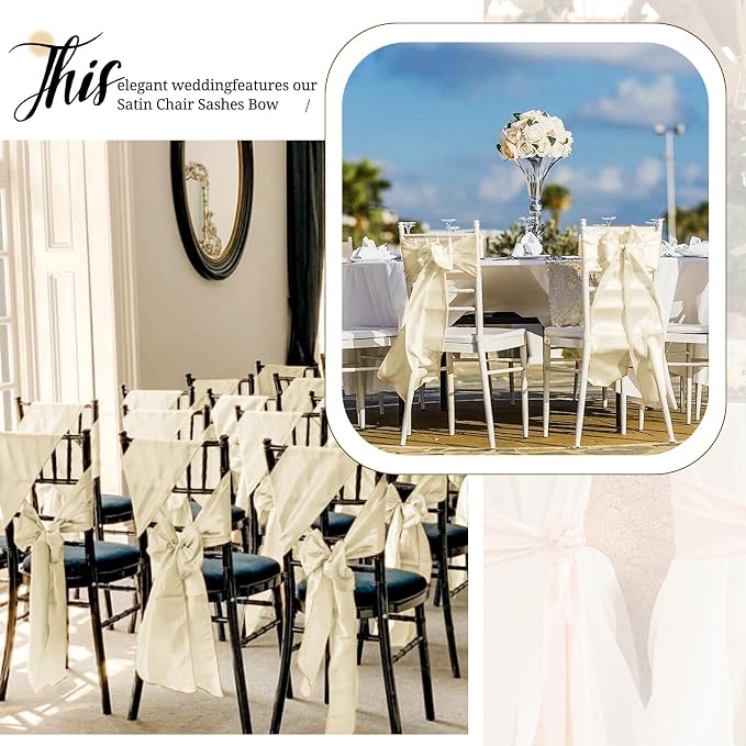 Pesonlook 120 PCS Ivory Satin Chair Sashes Bows Satin Chair Sashes Universal Chair Cover for Wedding Reception Restaurant Event Decoration Banquet,Party,Hotel Event Decorations (7 x 108 inch)