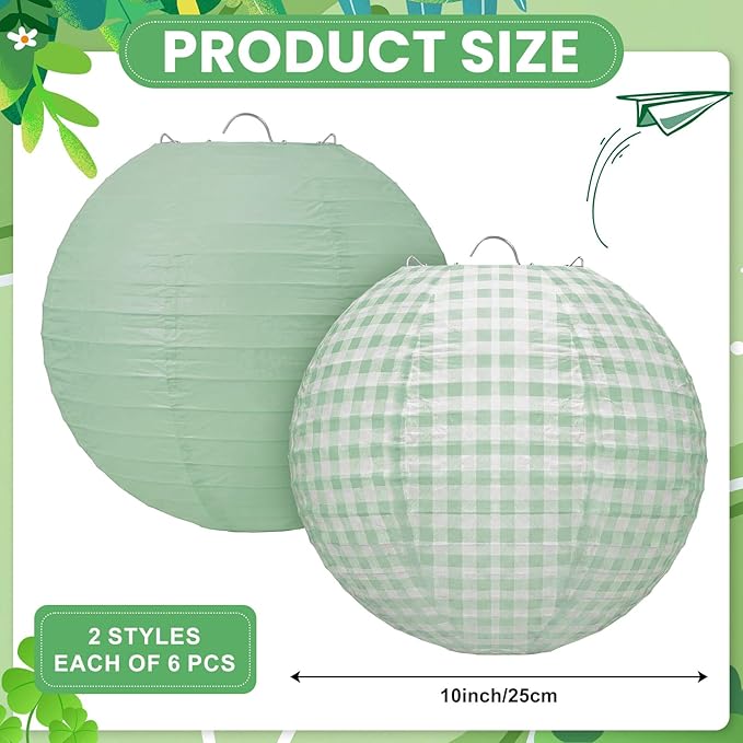 Honoson 12 Pcs Green Gingham Paper Lanterns Decoration10 Inch White and Sage Green Checkered Plaid Round Chinese Hanging Lanterns for Baby Boy Shower Wedding Birthday Picnic BBQ Decoration
