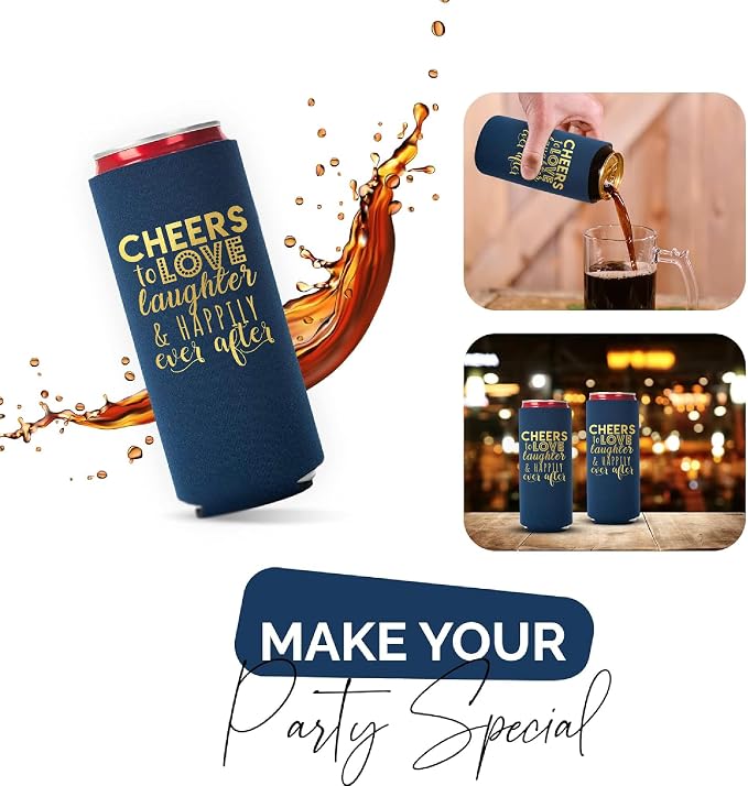 Wedding Can Cooler Decorations Set of 12 - Cheers to Love Laughter and Happily Ever After, Wedding Rehearsal Dinner Decorations - Bridal Showers, Engagement Party Favors for Guests and Supplies