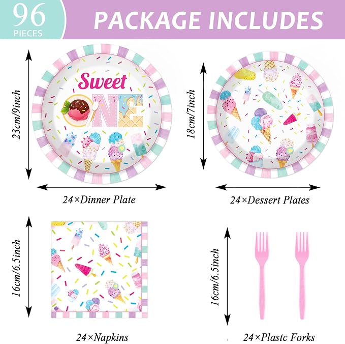 chiazllta 96Pcs Sweet One Ice Cream 1st Birthday Party Paper Plates and Napkins Supplies, Ice Cream First Birthday Tableware Decorations for Party Favors 24 Guests