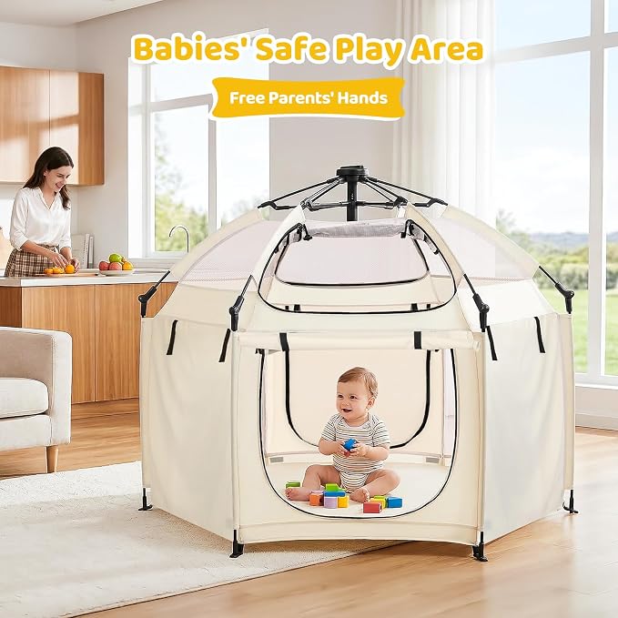 Dripex Upgraded Pop Up Playpen w/t 2-Side Canopy Extension & Built-in Pad,Quick Foldable Indoor/Outdoor Baby Playpen w/t One-Click Safe Lock,2-Side Roll-Up Door,Travel Pop and Go Beach Play Pen Beige