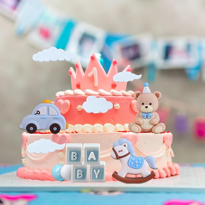 Blue Bear Cake Decoration Teddy Bear Blue White Balls Cake Topper Baby Shower Birthday Cake Decoration for Birthday Party Decorations