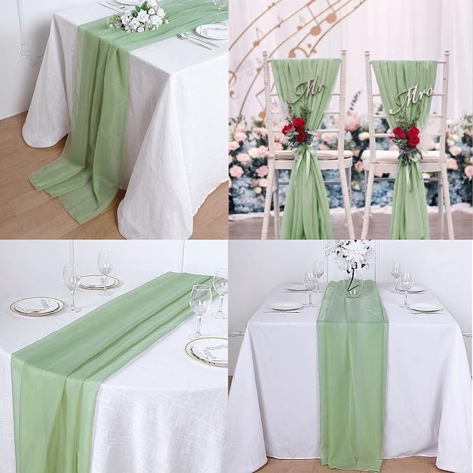 Fivenl 12 Packs 10Ft Chiffon Table Runner 27 x 120 Inches Sage Green Romantic Sheer Table Runner for Wedding Birthday Party Bridal Baby Shower Table Decoration (27" x 120", Sage Green)