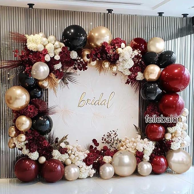 Burgundy Black Balloon Arch Kit Double Stuffed Maroon Dark Red Wine Pearl White Sand Gold Balloon Garland for Birthday Mothers Day Anniversary Graduation Hollywood Bridal Shower Party Decoration