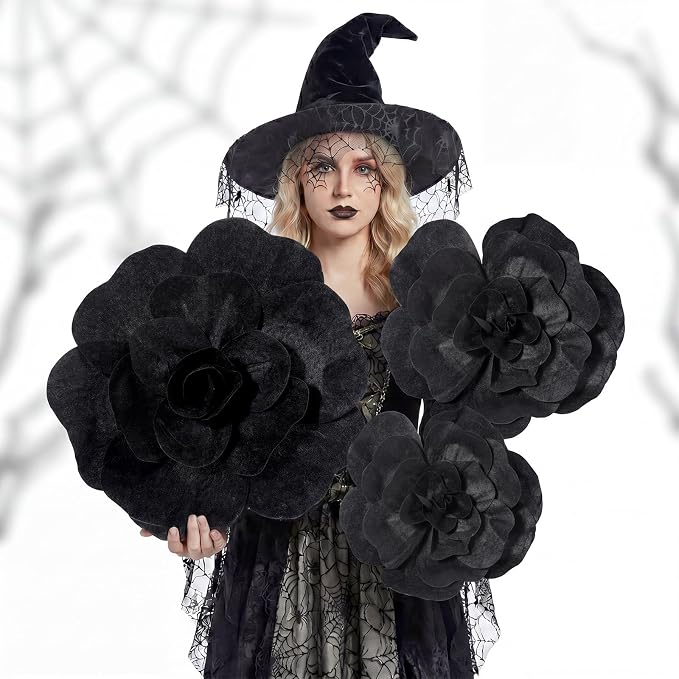 Norme 3 Pcs Giant Black Artificial Roses for Decoration 12 16 20 Inch Large Artificial Flowers Big Paper Flowers for Halloween Wedding Home Decor Anniversary Birthday Gothic Velvet Rose Bulk
