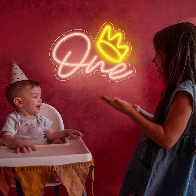 One Neon Sign for Wall Decor One Neon Light for First Birthday 1st Birthday LED Sign One Led Light for Birthday Party Wedding Decoration Baby Shower Decor Size 16.1 * 11.8 inch(D257)