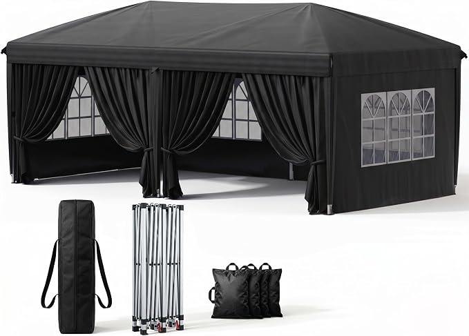 10x20 Pop Up Canopy with Sidewalls, Instant Tent with Carry Bag, Sandbags, Height Adjustable Waterproof Outdoor Canopy, Outdoor Canopy for Events, Camping, Parties (Black)