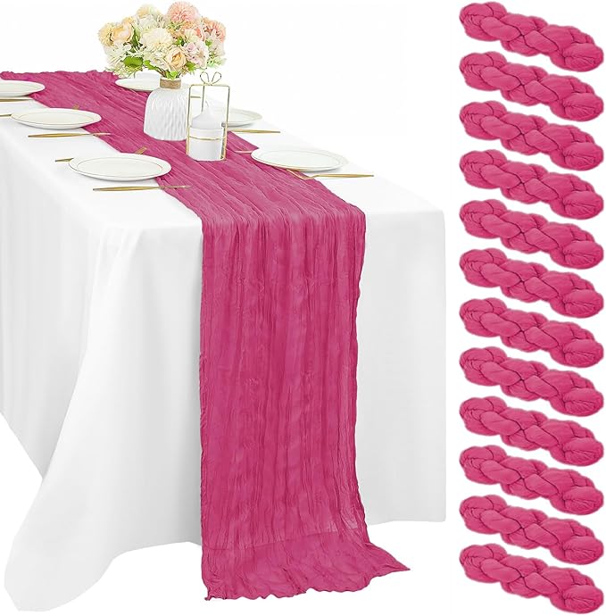 12 Pieces Hot Pink Cheesecloth Table Runners 10FT Gauze Fabric Runner for Tables Boho Table Runner Decoration Rustic Sheer Runner for Wedding Birthday Baby Bridal Shower Party (35 x 120 Inches Long)