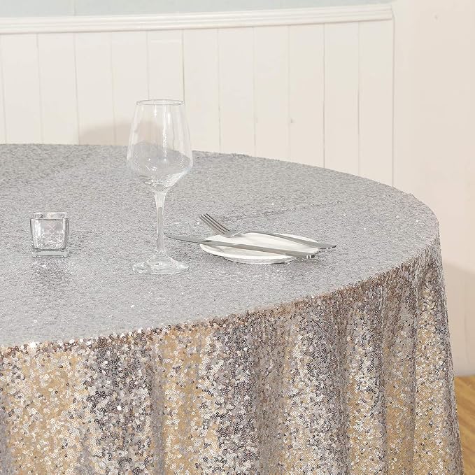 Juya Delight 120-Inch Round Silver Sequin Tablecloth for Wedding Birthday Party Festival Ceremony Dessert Table