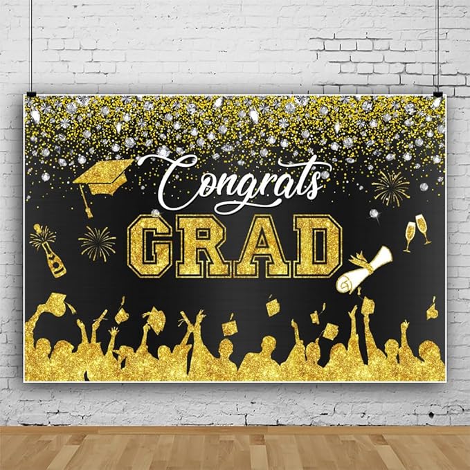 Leowefowa Congrats Grad Backdrop 10x6.5ft Black Gold Glitter Graduation Backdrops for Photography Congratulations Graduates Backdrop Banner Grad Prom Party Decor Grad Photo Booth Props