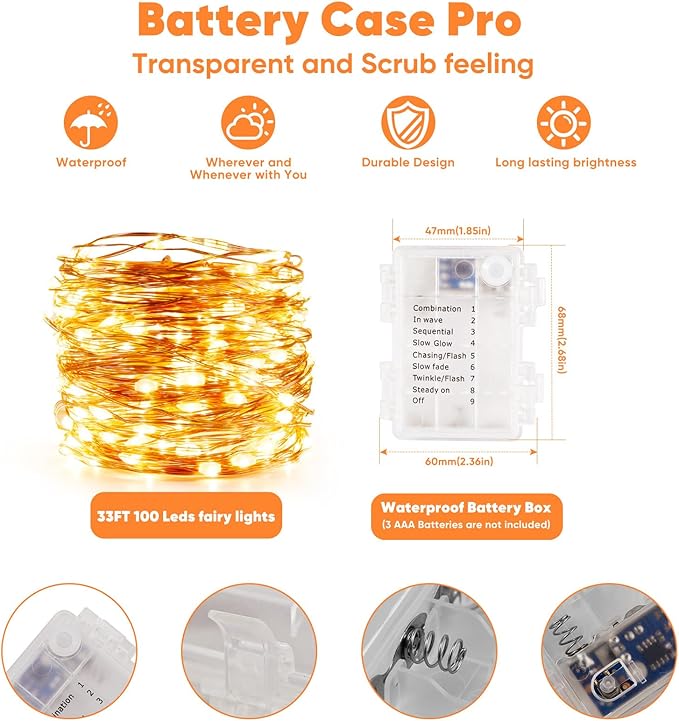 Ariceleo 2 Pack 32.8 Ft. Battery Operated Outdoor String Lights with Remote & Timer, LED Warm White Fairy Lights, Waterproof Twinkle Lights for Bedroom, Dorm, Mason Jar, Wedding, Party, Christmas