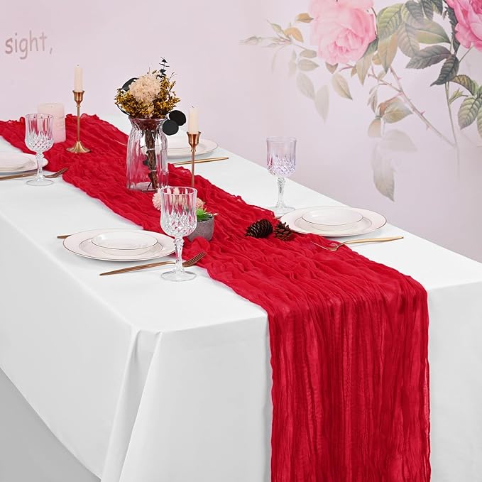 16 Pack Red Cheesecloth Table Runner 120 Inch 10FT Spring Boho Rustic Sheer Gauze Cheese Cloth Table Runner for Wedding Baby Shower Birthday Party Table Decor