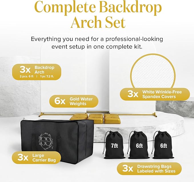 Metal Arch Backdrop Stand and Cover Set – 3 Gold Frames (7.2ft, 6ft x2) with White Wrinkle-Free Spandex Covers, Water Weights, Bags & Case – Wedding, Birthday, Baby Shower, Party Decor