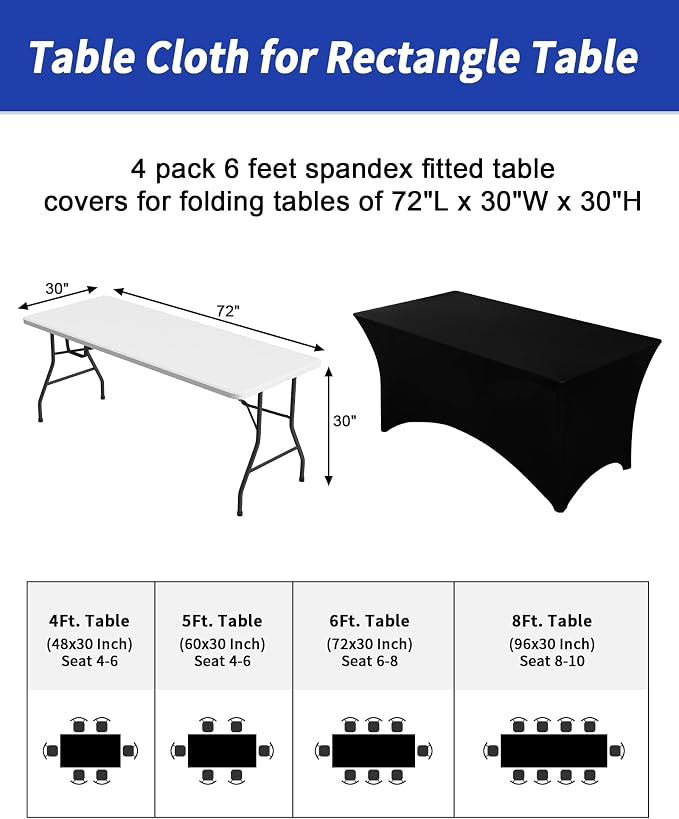 Fixwal Black Stretch Table Cloth Rectangle 4 Pack 6Ft, Spandex Fitted Table Covers Washable for Party, Trade Show, Banquet, Wedding, Buffet