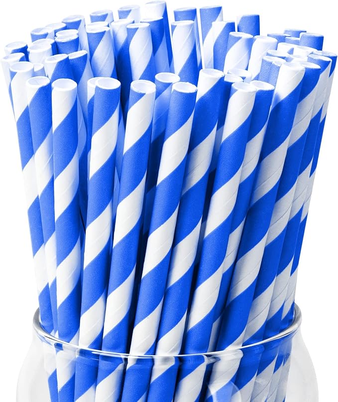 PakTalk 100 Pack Blue Paper Straws, Disposable Drinking Straws for Birthdays, Weddings, Baby Showers, the Fourth of July (0.24" x 7.75")