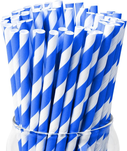 PakTalk 100 Pack Blue Paper Straws, Disposable Drinking Straws for Birthdays, Weddings, Baby Showers, the Fourth of July (0.24" x 7.75")