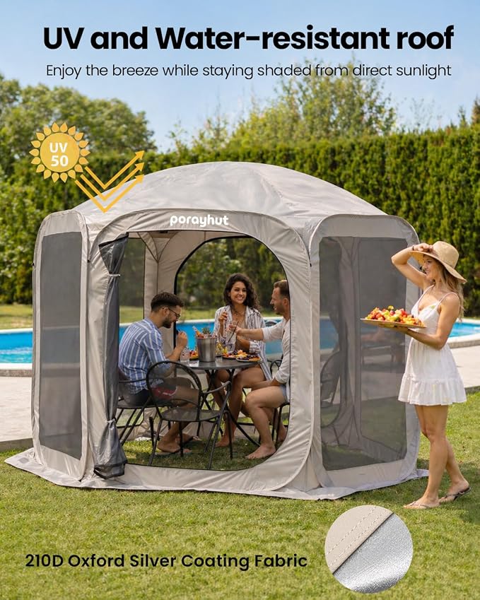 Porayhut Pop up Screen House,Sun Shelter with Breathable Mosquito Netting,10x10FT Large Screen Canopy with Waterproof Floor,Portable Camping Gazebo for Family Friends Party in Backyard,Park
