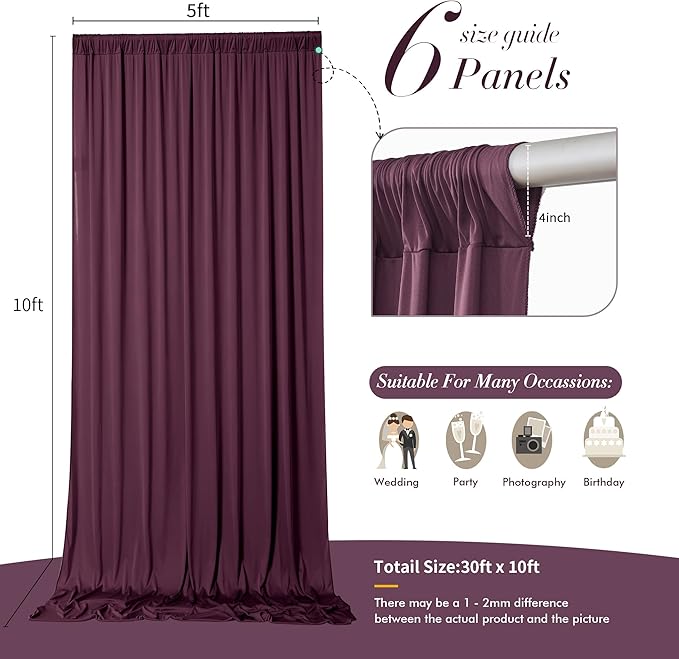 30 ft x 10 ft Wrinkle Free Maroon Backdrop Curtain for Parties, Polyester Burgundy Photo Backdrop Drapes 6 Panels 5x10ft for Baby Shower Wedding Birthday Party Engagement Ceremony Decoration