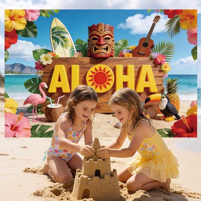 10x10ft Hawaiian Aloha Backdrop Tropical Beach Photo Backdrop Tiki Mask Flowers Summer Backdrops for Photography for Luau Party Tropical Wedding Birthday Decorations Photo Booth Props