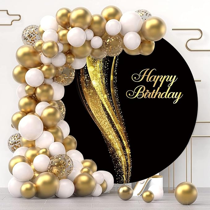 Black and Gold Round Backdrop 6ft Shining Gold Happy Birthday Round Photography Backdrop Fabric Portrait Birthday Party Decorations Polyester Cover Photo Booth Studio Prop