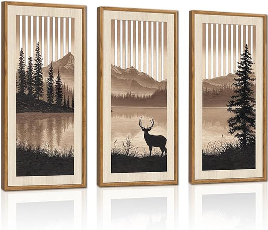 HPNIUB 3PCS Jungle Animals Wall Decor,Rustic Mountain Forest Wooden Sign for Living Room,Silhouette Abstract Deer Pine Tree Hanging Wood Plaque Wall Art Nature Wall Sculpture for Home Office(8x16Inch)