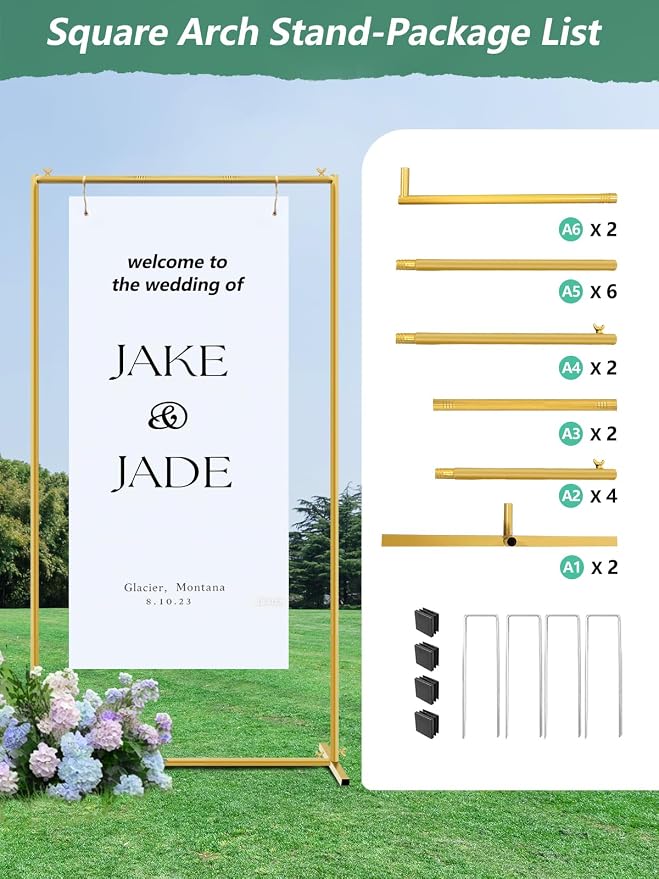 Gold Wedding Arch Backdrop Stand, 6.6 * 3.3FT Square Backdrop Stand Balloon Flower Metal Frame for Ceremony, Anniversary, Party, Birthday,Baby Shower Photo Booth Decoration