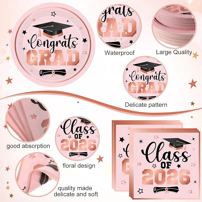 Funnymoom 400 Pcs Graduation Party Supplies Class of 2026 Graduation Paper Plate Napkin Cup Cutlery Congrats Grad Disposable Tableware Set for Grad Party Decorations, Serve 50 (Pink,Black)