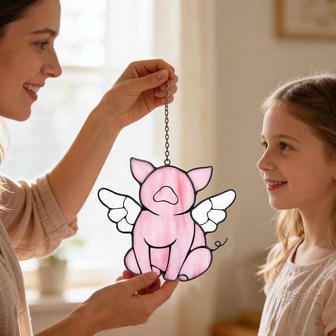 Flying Pig Suncatcher, Stained Glass Window Hanging Decor, Handmade Gift for Pig Lovers Women Mom - Funny Animal Party & Nursery Decoration