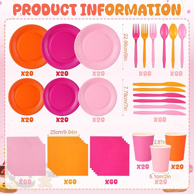 Ziliny 420 Pcs Orange and Pink Paper Plates and Napkins 9 oz Paper Cups Forks Knives Spoons Disposable Tableware for Summer Tropical Theme Birthday Party Supplies, Serves 60