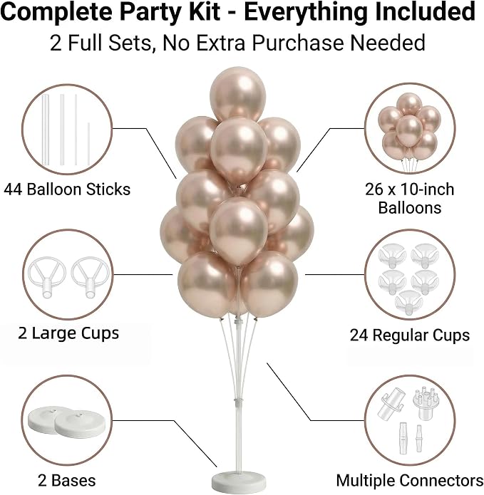 2 Sets Champagne Gold Balloon Stand Kit-Balloon Column Holder with Metallic Rose Balloons for Birthday, Wedding,Baby Shower,Graduation,Anniversary Party Decorations Centerpiece
