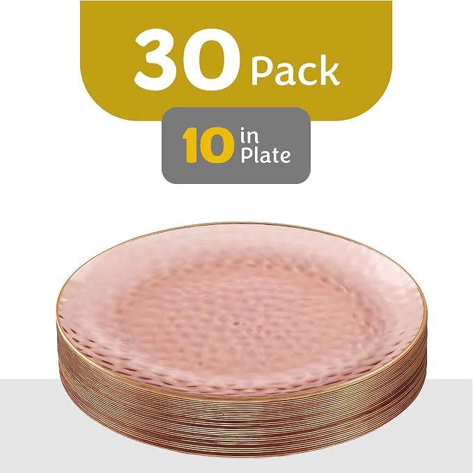 PLASTICPRO 30 Pack Hammered Plastic Plates Heavyweight Disposable Plastic Plates Elegant Rose Hammered with Gold Rim Platsic Party Dishes (Rose With Gold Rim, 10'' INCH PLATES)