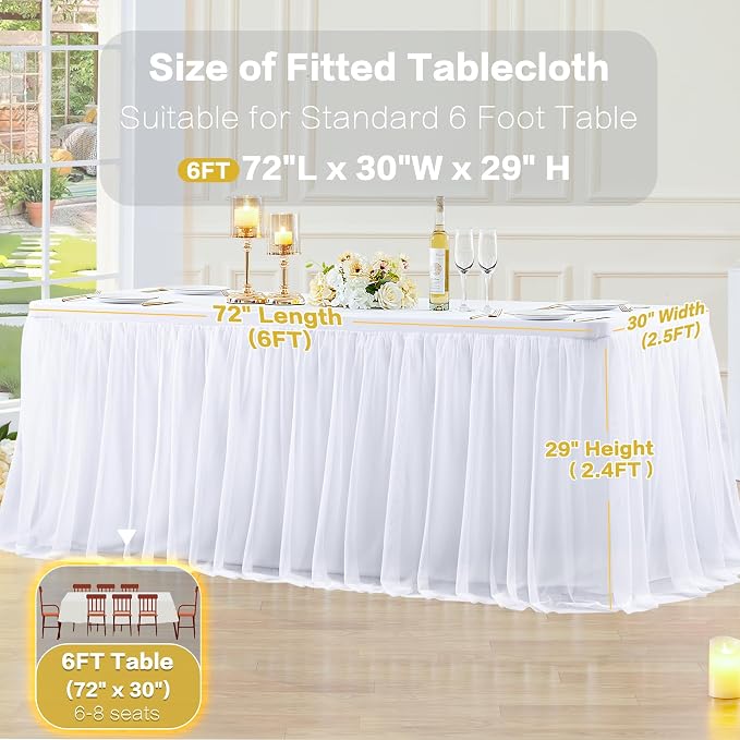 4 Pack White Table Cloth for 6 Foot Rectangle Tables, White Stretch Fitted Tulle Table Covers Skirt, Rectangular Ruffle Tutu Tablecloth Wedding Banquet Baby Shower Cake Tablecloths Decorations