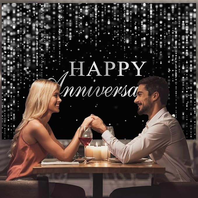Happy Anniversary Backdrop Black Silver Anniversary Banner Cheers to Marriage Wedding Party Decorations Glitter Flowing Drapes Photography Background Photo Booth Props 8x6ft